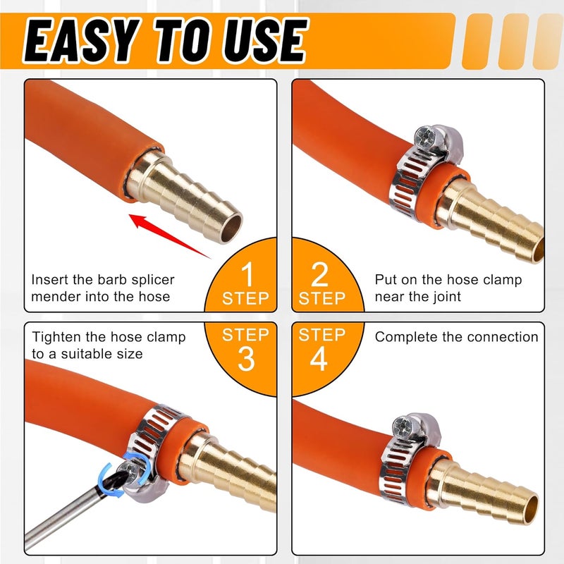 Ailbiuko 26PCS Brass Hose Barb Fitting,Barb Splicer Mender Hose Fittings 3/16" 1/4" 5/16" 3/8" 1/2" 5/8" with 52Pcs Stainless Steel Pipe Hose Clamps for Air/Fuel/Water/Oil Hose - Image 5